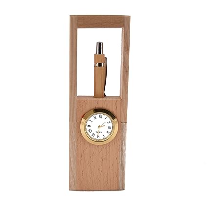 Indian Sparrows Wooden Pen Stand with Watch (Product Dimensions: (Inches) 2 x 1 x 7)