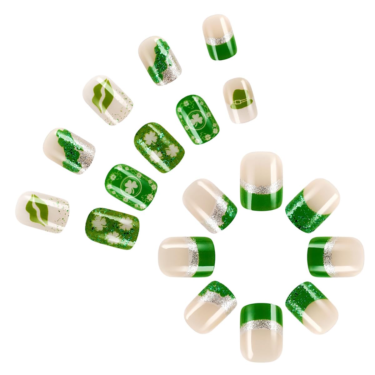 St. Patrick's Day Glitter Press on Nails Short Square Fake Nails Shamrock French Tip False Nails with Lucky Clover Designs, Full Cover Acrylic on Nails Glue on Nails for Holiday DIY Manicure 24Pcs - Image 3