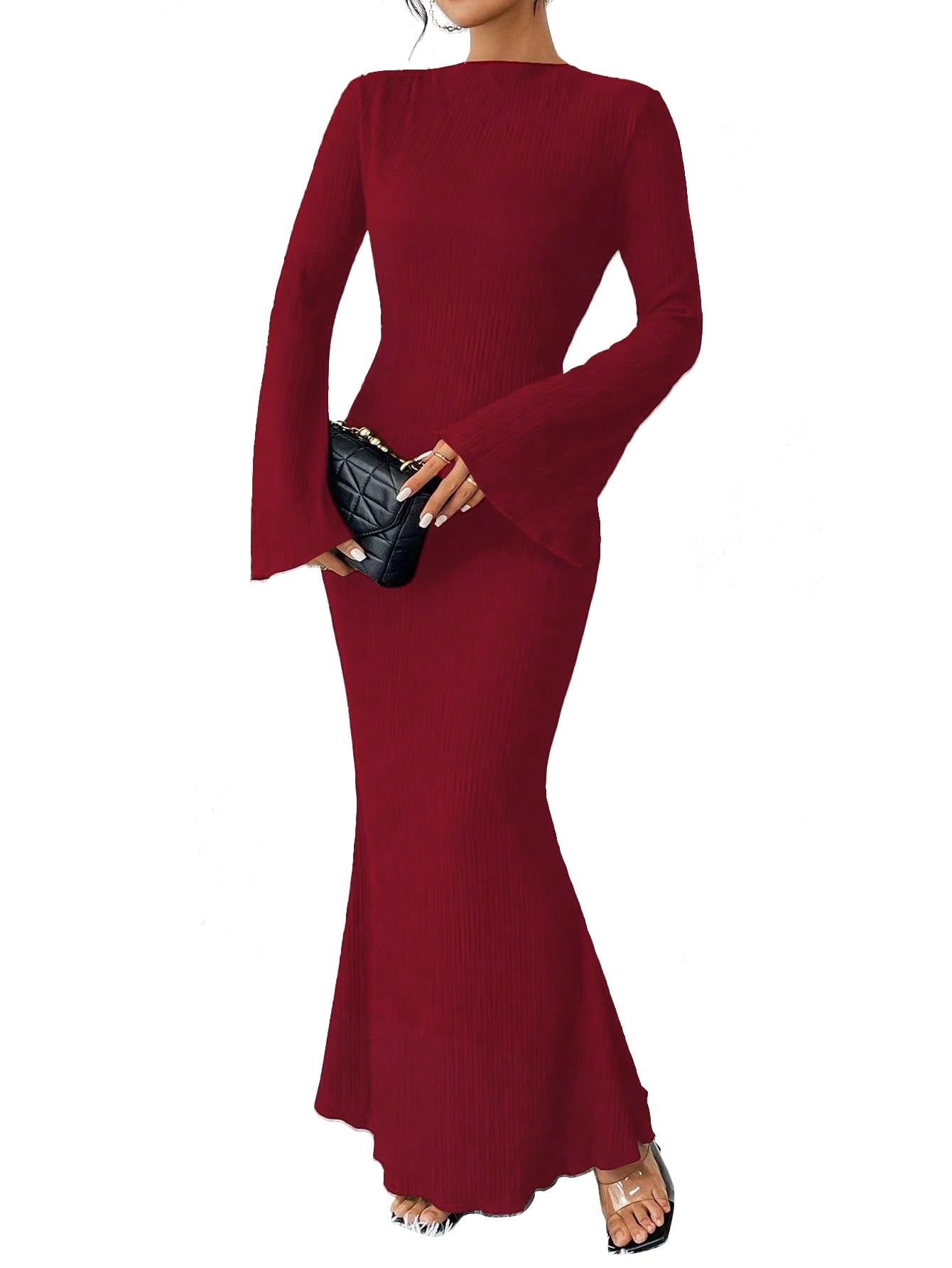 Photo 1 of Narecte Fall Dresses for Women 2025 Maxi Dresses Solid Color Boho Formal Dress Flare Sleeve Bodycon Dress Burgundy L