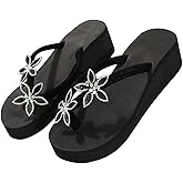 WDIRARA Women's Sparkly Rhinestone Platform Flip Flops Thong Sandals Flower Slip on Wedge Sandals