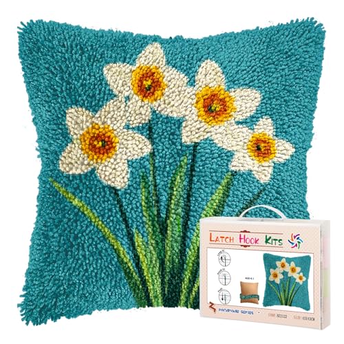 DIY Latch Hook Pillow Kits for Adults Daffodil Flower Printed Pillowcase Crochet Yarns Hooking Handmade Pillow Cover Cushion for Home Sofa Decoration 17x17inch-6