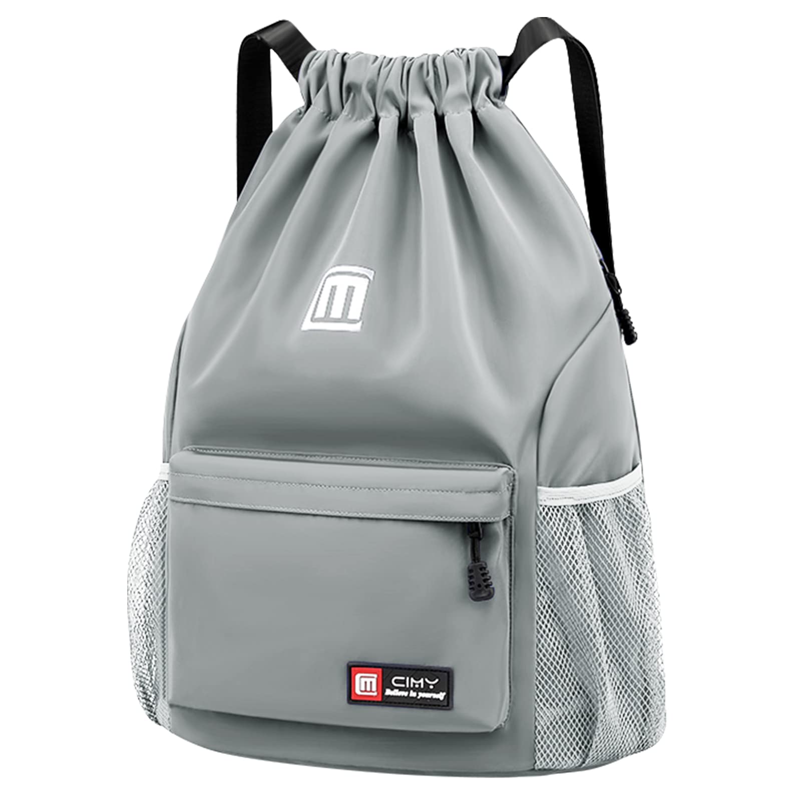 Pystuvo Drawstring Gym Bag, Large Drawstring Bags With Mesh Pockets Water, Nylon Waterproof Drawstring Bag Gym Bag Drawstring With Outside Zipper For Sports Holidays Swimming Travel,Grey