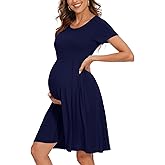 WOOXIO Women's Short Sleeve Maternity Dress Patchwork Pregnancy Clothes with Pockets