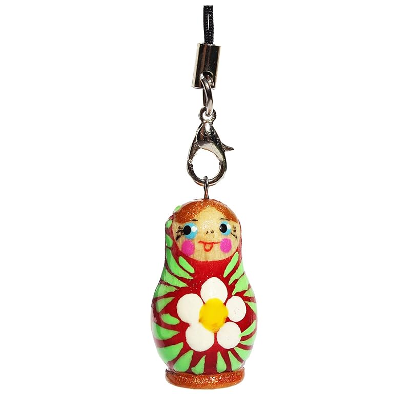 Red Handpainted Russian Doll Charm, made from natural wooden Keychain