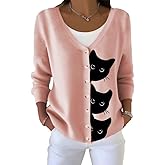 Women's Halloween Fun Black Cat Print Cardigan Sweater Autumn Cute Black Cat Print Casual Sweatshirt