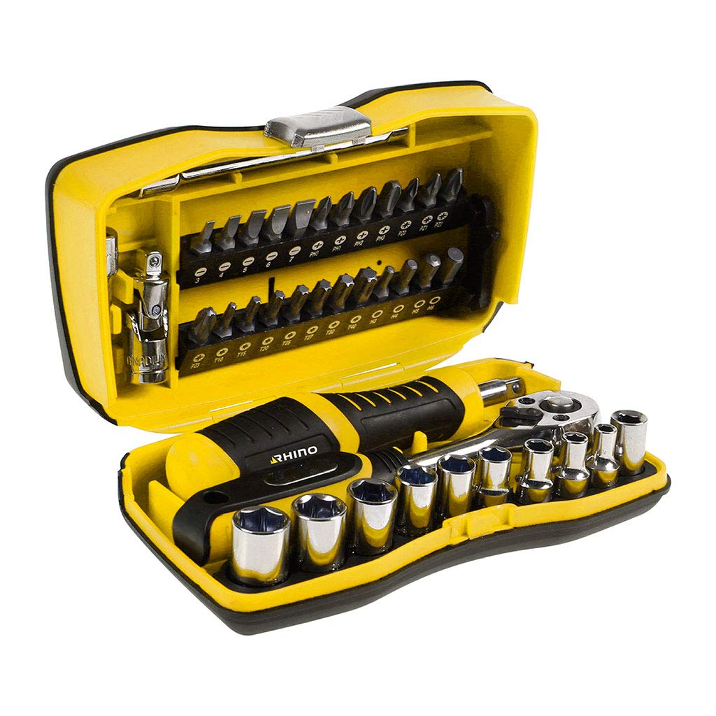 Rhino 39-Piece Socket Set with Ratchet Wrench & Screwdriver Bit Holder - Chrome Vanadium Steel - 9 Sockets & 24 Bits (Flat, PH, PZ, T, H)