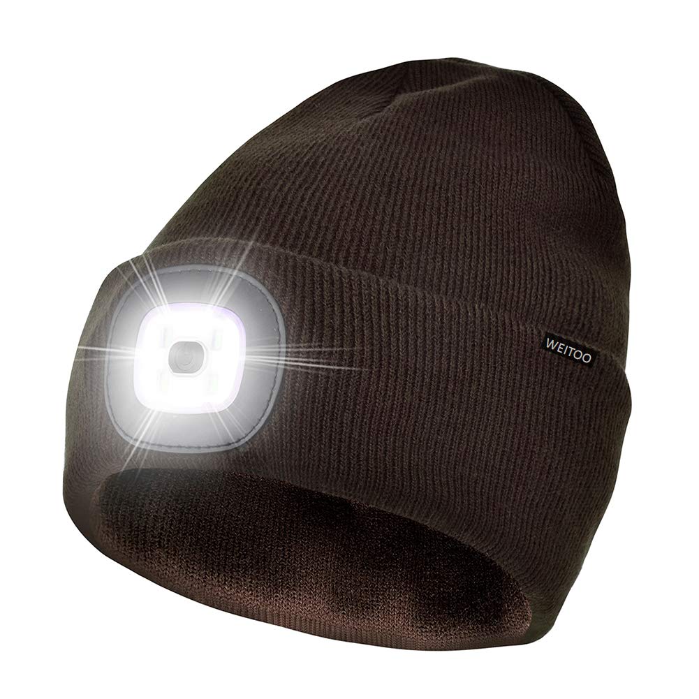 Unisex LED Lighted Beanie, Unisex USB Rechargeable Headlamp Hat, Cap with Light Hands Free Head Torch, Winter Warm Gifts for Men and Women Coffee