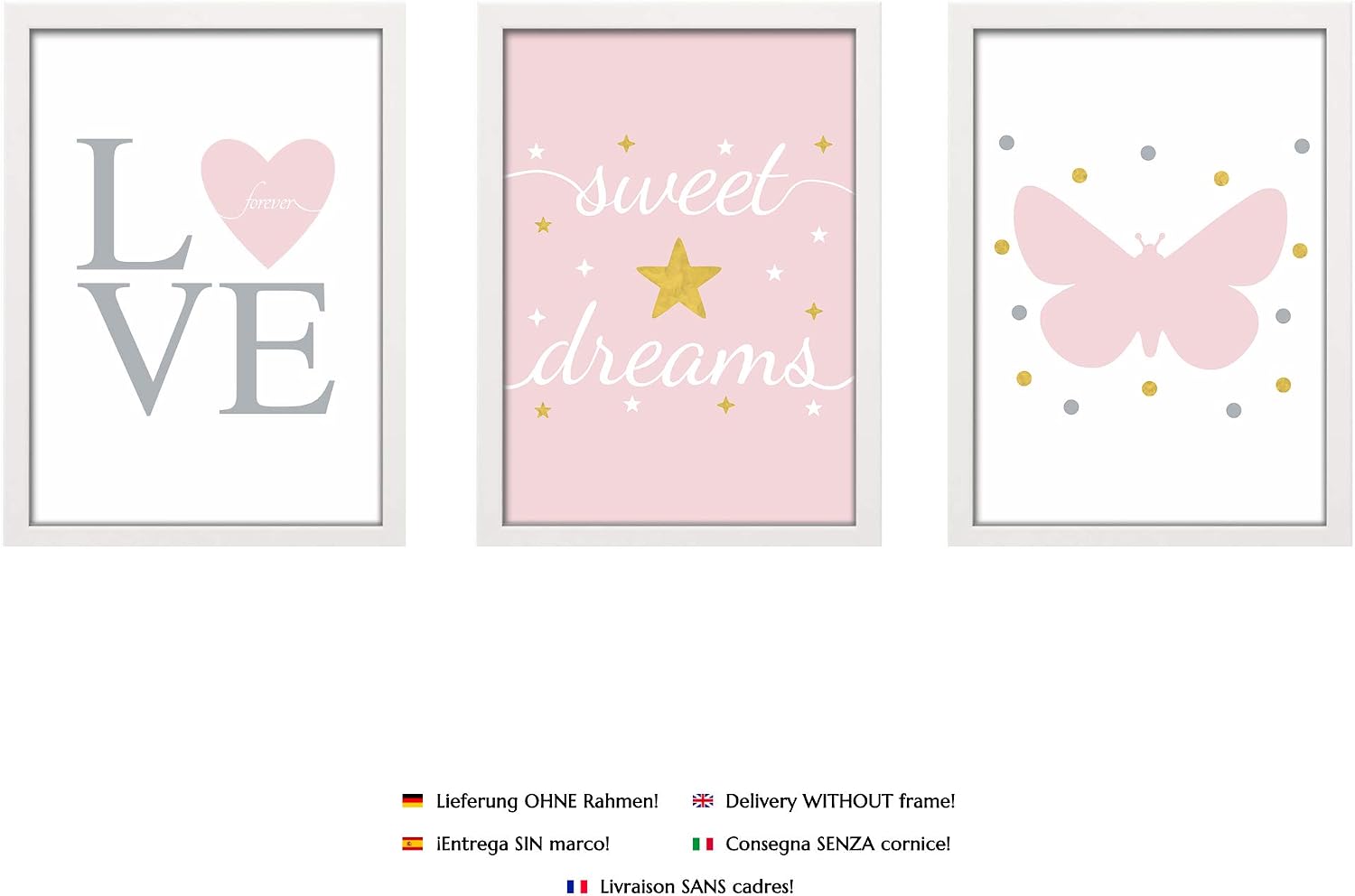 PREMYO Wall Art Prints Nursery Decor - Baby Room Decoration Girl - Kids Poster Set Love Heart Butterfly Pink Picture A4 - Image 3