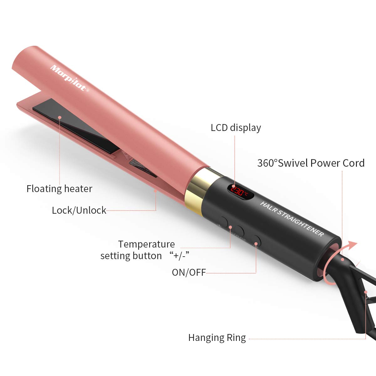 Professional Hair Straightener, Morpilot Dust Proof Plate Flat Iron Fast Heating-up with with Adjustable Temperature 265 to 450℉ Travel Size Dual Voltage for All Hair Types