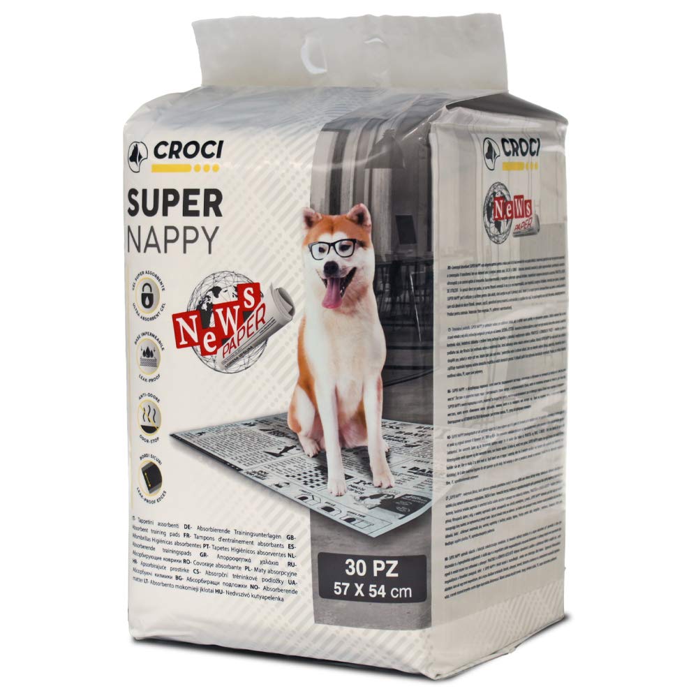 Croci Super Nappy Newspaper - Super absorbent dog toilet mats 57x54 cm - 30 pcs, Disposable dog and pet blankets, anti-odor and tear-resistant