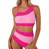 Herseas Women's One Shoulder Petal Edges Bikini Sets Color Block Swimsuits High Waisted Bathing Suits
