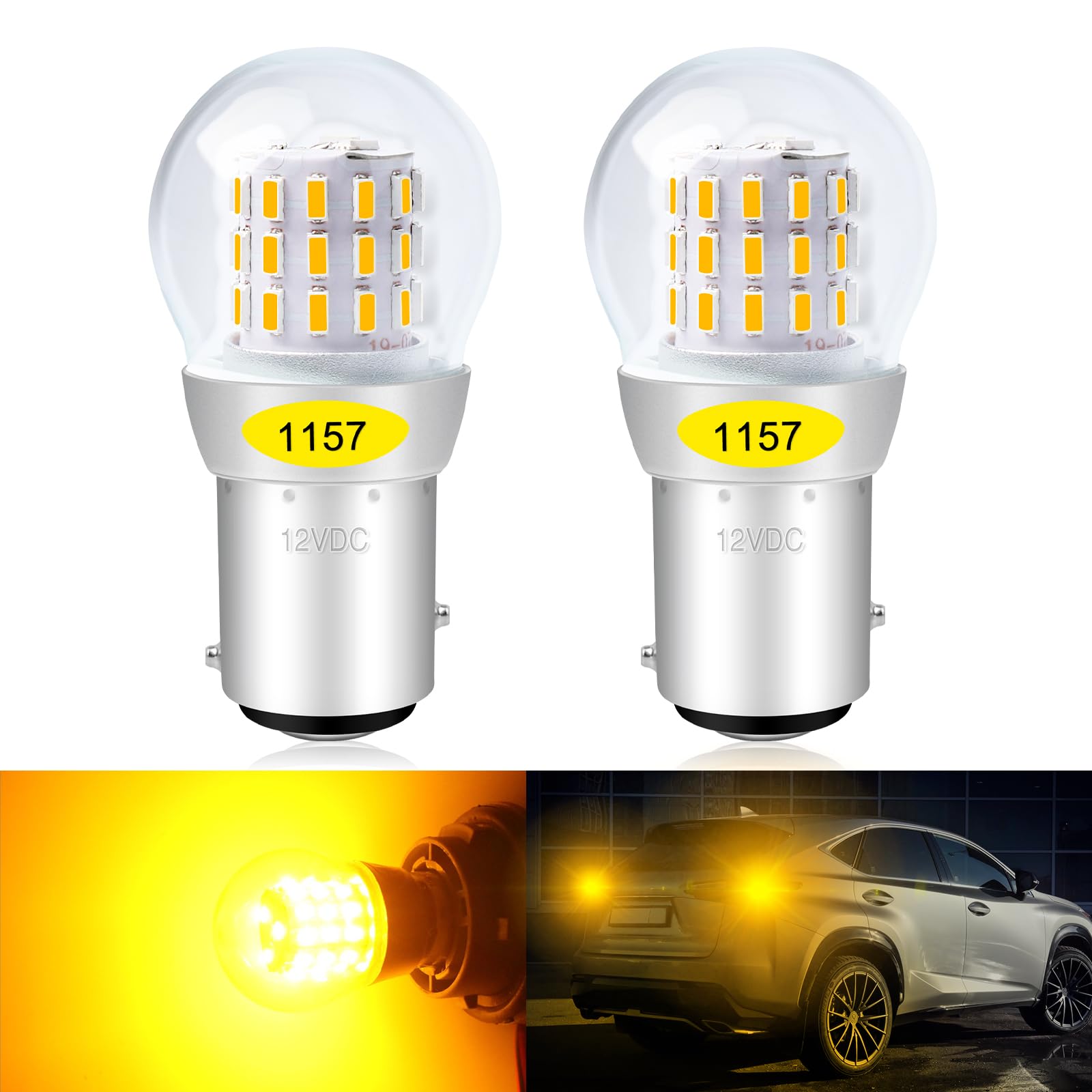Defvnsy - Pack of 2 -Amber/Yellow 1157 BAY15D P21/5W Led Indicator Bulb, 2057 2357 7528 Extremely Bright 3014 39 SMD Replacement Bulbs For Turn Signal Light Side Marker Light - 12V DC