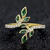 18k Gold Multi Diamond Shining Emerald Leaves Forest Olive Branch Popular Geometric Ring Small Refreshing Tender Leaf Ring CZ Women's Wedding and Engagement Ring Jewelry-Making-Patterns Size 6