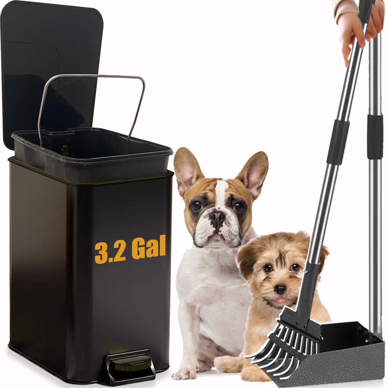 Photo 1 of Metal Dog Pooper Scooper for Yard - 3.2Gal Dog Poop Trash Can Outside with Pedal - Pet Waste Container Outdoor - Stainless Steel Garbage Bucket with Lid - Black Trash Bin, Long Handle Tray and Rake