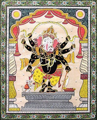 DollsofIndia Eight Handed Ganesha - Paata Painting on Tussar - 20 x 16 inches (BR93)