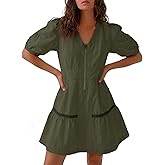 Fisoew Women's Short Sleeve Mini Dress Casual Half Zip V Neck Loose Mesh Back Utility Summer Dresses with Pockets