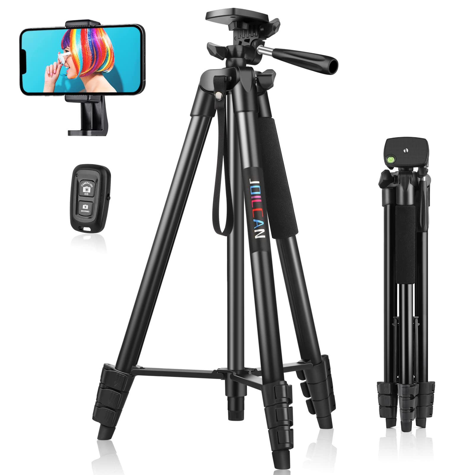 JOILCAN Phone Tripod, 63'' Tripod for iPhone with Wireless Remote Shutter, Aluminum Extendable Mobile Phone Stand with Holder, Lightweight Travel Tripods for Smartphone/DSLR/Camera, Camera Stand