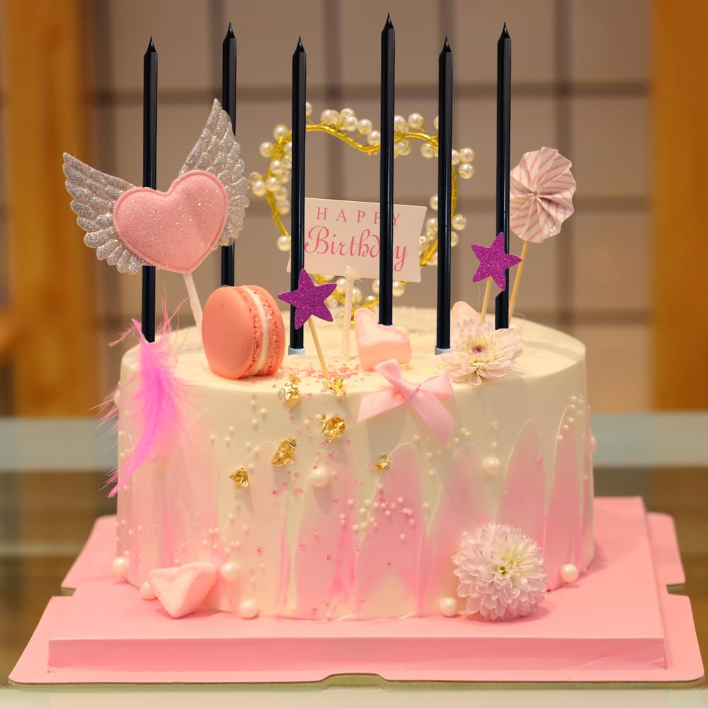 Photo 1 of 12 Count Long Thin Champagne Black Birthday Cake Candles in Holders for Birthday Wedding Party Cupcake Decorations Tall Candle