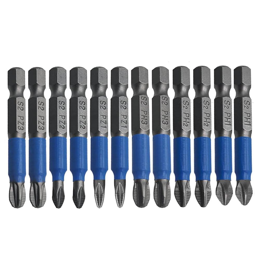 Teocpai 12 x Phillips Head Screwdriver Bits PH1 PH2 PH3 PZ1 PZ2 PZ3 50 mm Non-slip Magnetic Hex Shank S2 Steel