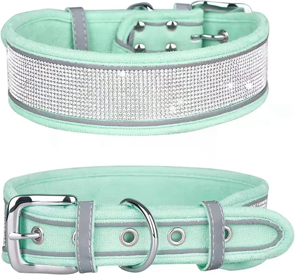 haoyueer Rhinestone Dog Collar, Dazzling Sparkling Soft Suede Reflective Large Dog Collar Crystal Diamond Collar for Medium & Large Dogs (S:12-15", Green) — image 1