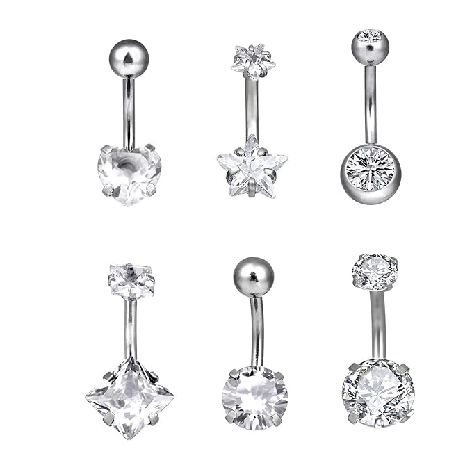 Hongyantech 6 Stück Edelstahl Nabelpiercing Bauchnabel Piercing Kristall Titan bauchnabelpiercing Bauch Button Ring Body bauc