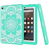Hocase Fire 7 Case - Hybrid Rugged Shock Proof Protective Cover Case For Amazon Fire 7 Inch Tablet (5th Generation - 2015 release Only) - Aqua Flower / Grey