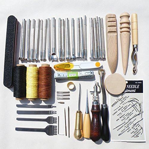 homeleathertool 59 Pieces Leather Craft Handmade Tools Kit for Hand DIY Sewing Stitching, Stamping Set and Saddle Making