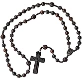IHM Imports Sine Cera Jujube Wood 5 Decade Catholic Rosary, Double-sided Laser Engraved Centerpiece, 16.5" Length with 8/10mm Carved Rose Beads