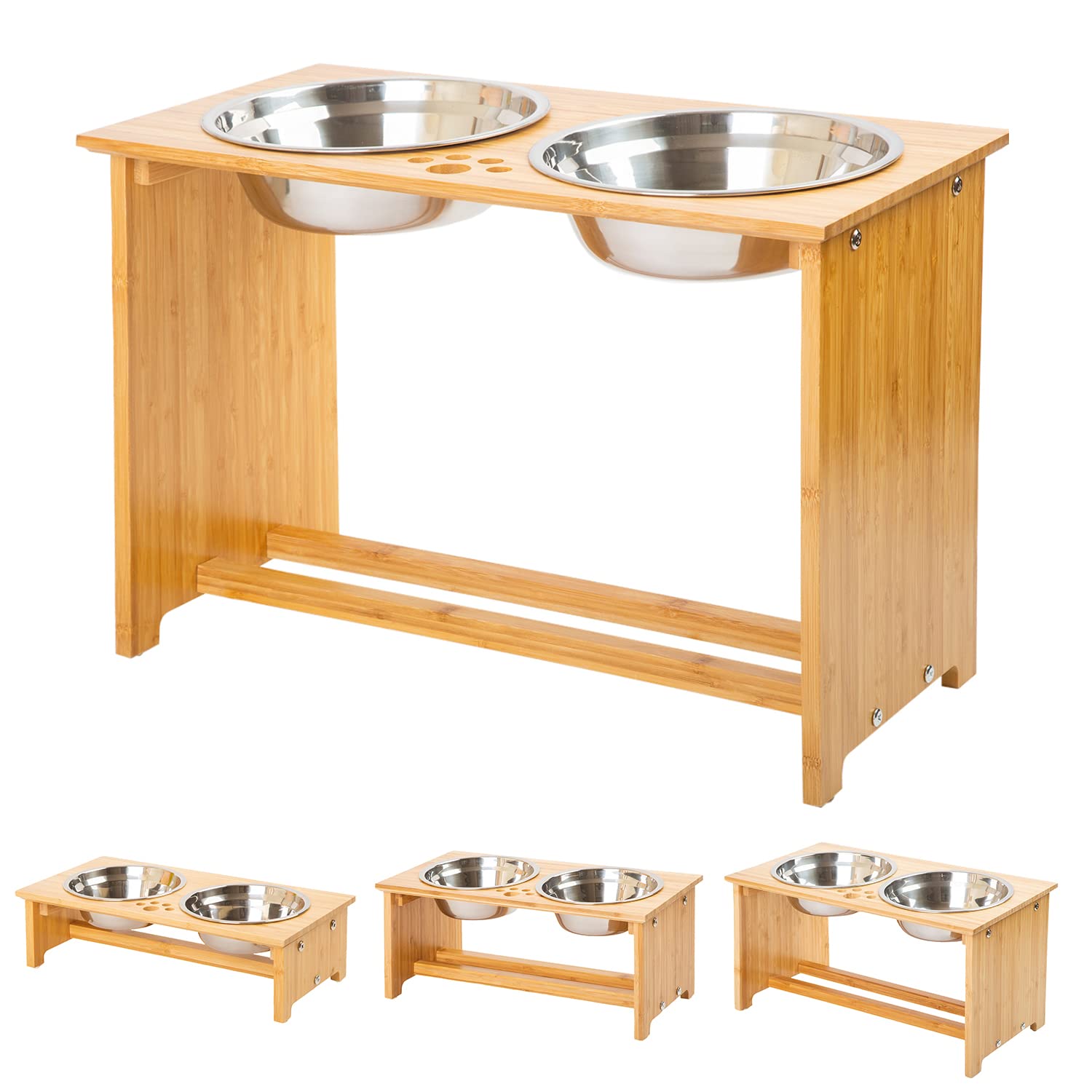 FOREYY Raised Dog Bowls for Cats and Dogs - Bamboo Elevated Dog Cat Food and Water Bowls Stands Feeder Dishes with 2 Stainless Steel Bowls and Anti Slip Feet (XL - 38 cm high)