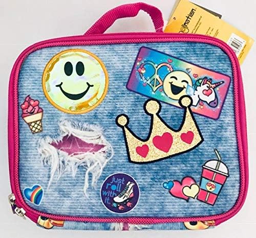 Emoji Variety Insulated Lunch box- Unicorns, Crown, Smiley, Roller Skates, Peace Denim background 10"