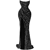 Zeeyecie Sparkly Sequin Prom Dress for Women 2025 Long Mermaid Strapless Glitter Formal Evening Ball Gowns with Slit