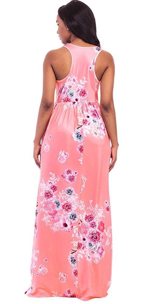 Women\'s Floral Print Round Neck Sleeveless Long Maxi Casual Dress with Pocket Pink XL