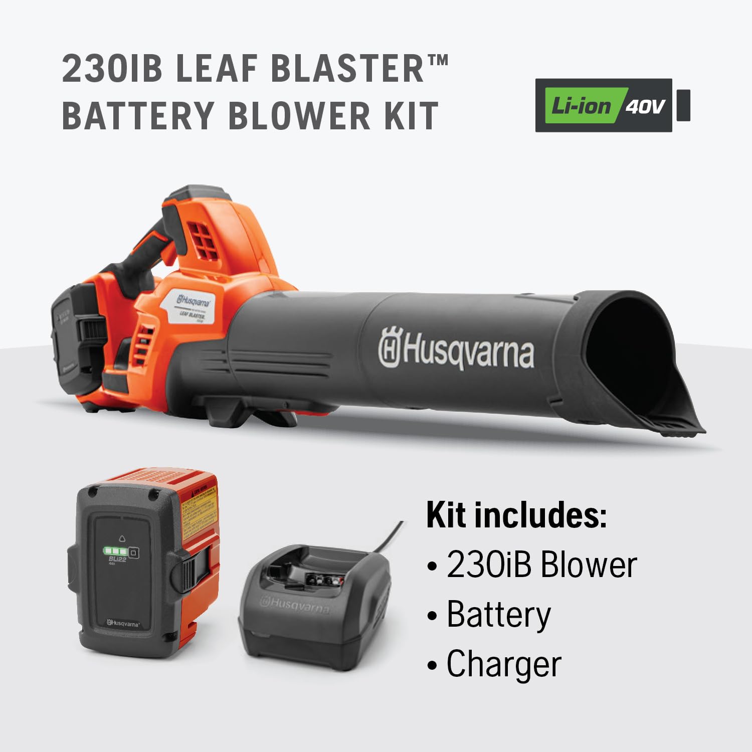 Husqvarna 230iB Battery Powered Cordless Leaf Blower, 136-MPH 650-CFM Electric Leaf Blower with Brushless Motor and Quiet Operation, 4 Ah Battery and Charger Included