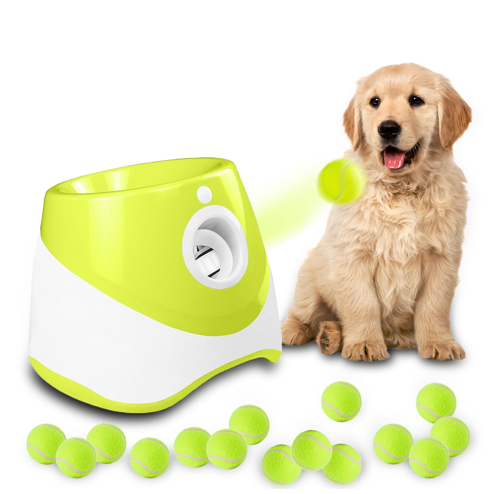 Photo 1 of MEKAPLE Automatic Dog Ball Launcher, Dog Ball Thrower Machine with 10-30Ft 3 Launching Distance, Interactive Toys for Small Dogs Indoor & Outdoor with 15 Mini Tennis Balls-2 Inch Light Green