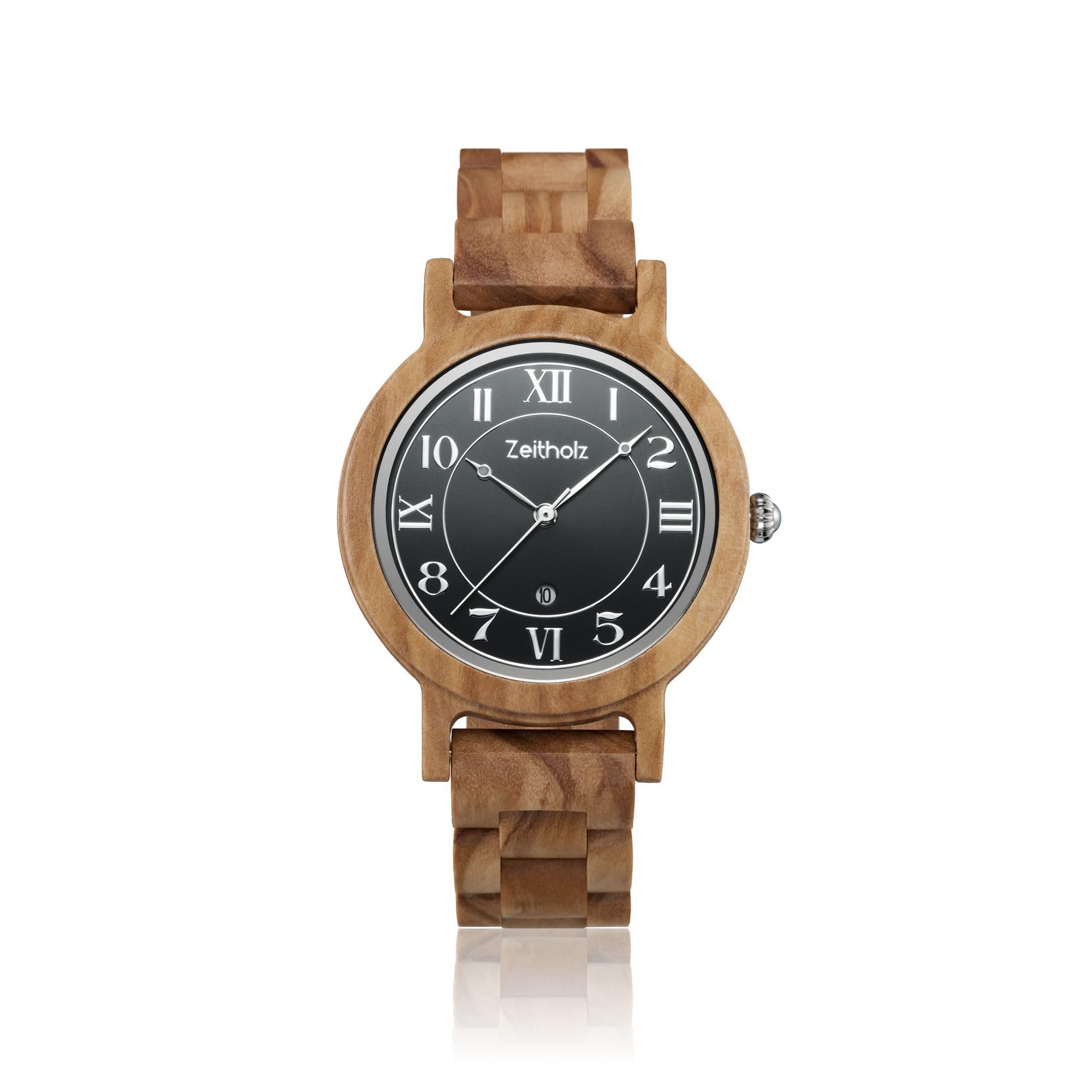Zeitholz Wooden Watch for Women, Wolkenstein Analog Watch 36mm, Made from Olive Wood with Japanese Quartz Movement and Monthly Calendar.