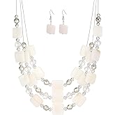 Layered Beaded Statement Necklaces for Women Square Shell Bead Collar Necklace and Earring Set Birthday Gifts Boho Jewelry Sets for Women