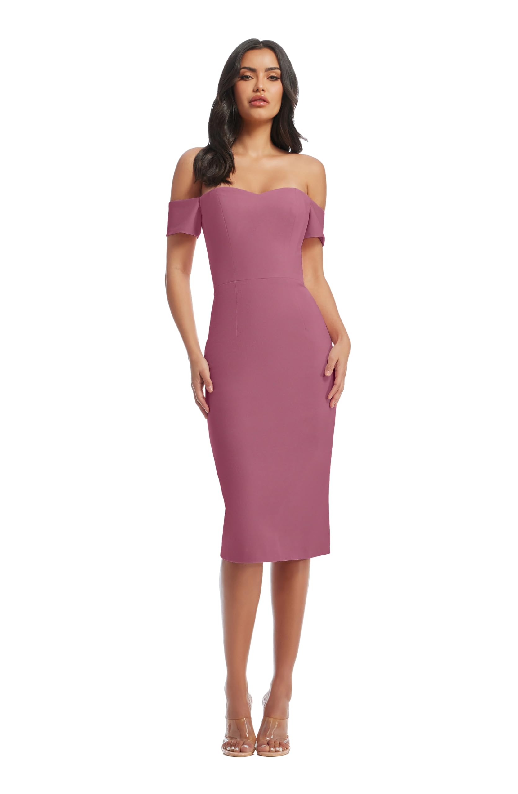 Dress the Population Women’s Bailey Off The Shoulder Sweetheart Bodycon Midi Sheath Dress, Orchid, Small