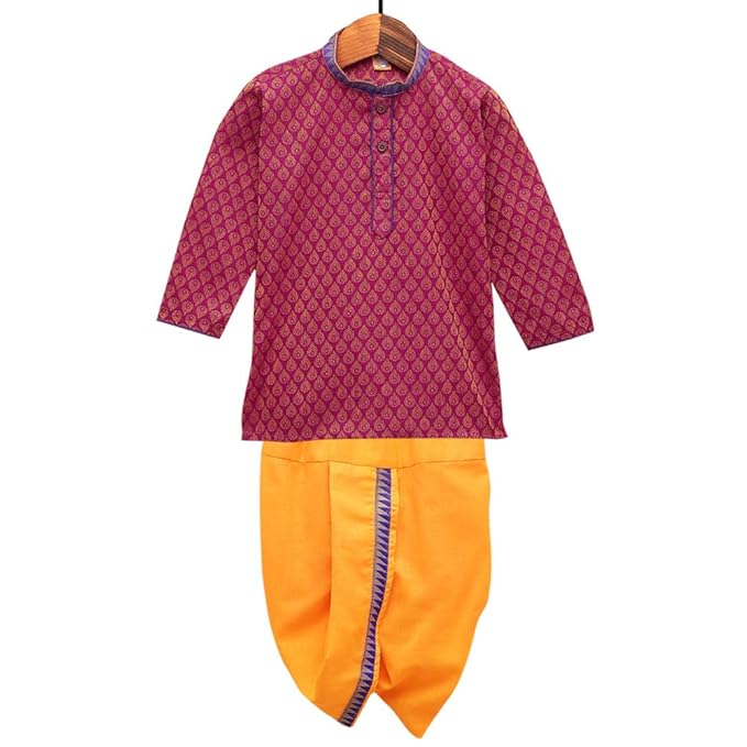 Kid1 By Hopscotch Boys Cotton Full Sleeves Kurta Dhoti Set In Pink Color