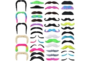 TCOTBE 48 Pcs Self Adhesive Fake Mustache Set Novelty Mustaches Colorful Fake Beard Mardi Gras French Pirate Detective Moustache Stickers for Costume and Halloween Festival Party 16 Styles