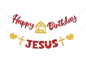 DKCTQU Red Glitter Happy Birthday Jesus Banner,Christmas Jesus’s Birthday Party Bunting Banner,Nativity Religious Christmas Holiday Winter Merry Christmas Party Decorations