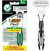 BIC Flex 5 Sensitive Mens Refillable 5-Blade Razors, 1 Handle, 7 Refills | Clinically Proven for Sensitive Skin, Ideal for College Dorm Essentials, Shower Caddy and Toiletry Bag Ready