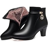 Hhhchpm Women'S Leather Mid Block Heel Ankle Boots Fashion Rhinestones Buckle Decor Comfort Warm Fur Lined Side Zipper Chunky Heels Snow Boots