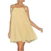 Floerns Women's Summer Mini Dress Sleeveless Pleated Tie Shoulder Beach Vacation Tunic Dresses