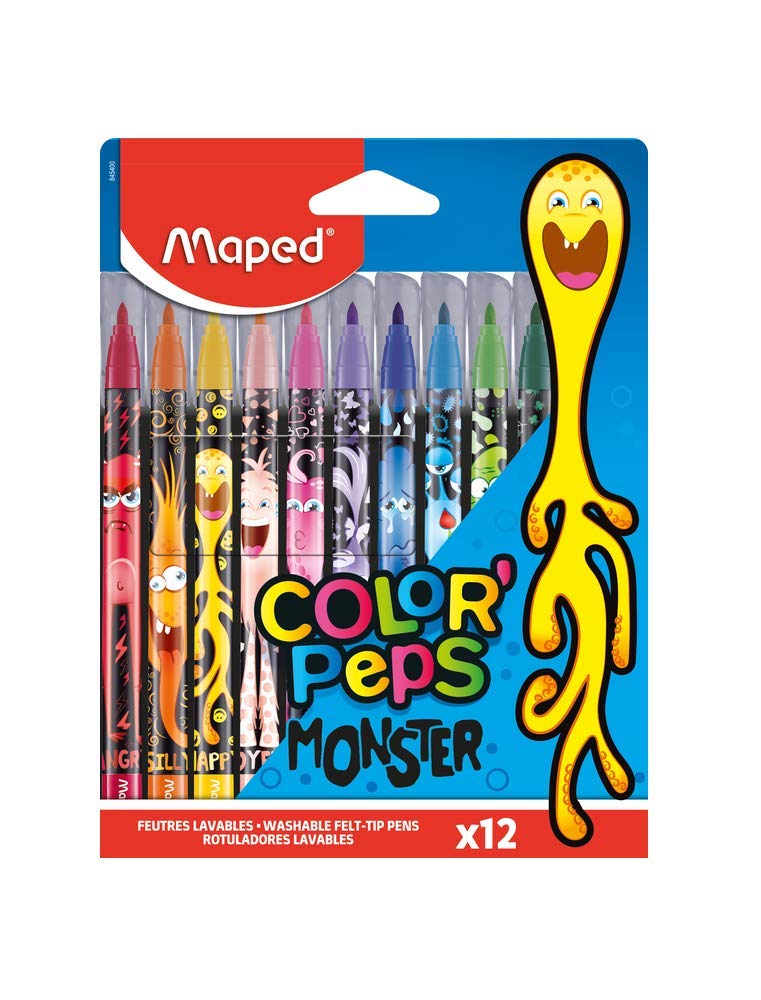 Maped Color'Peps Monster Felt Tip Pens - Pack of 12 Coloured Felts with a Monster Theme - Halloween Treat