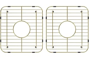 MIYUPTC 2 Pack of Gold Metal Kitchen Sink Racks,13"L X 11.6"W,Stainless Steel Sink Protectors with Centered Drain Hole, Universal Double Bowls Sink Bottom Grid with Strainers