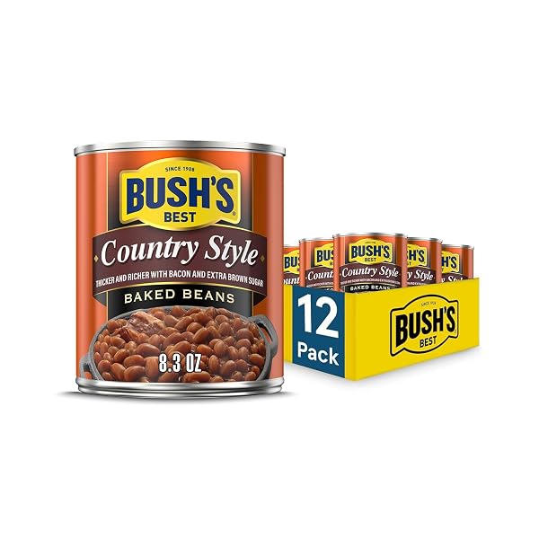 BUSH’S BEST 8.3 OZ CANNED BAKED BEANS, COUNTRY STYLE WITH BACON AND BROWN SUGAR, SOURCE OF PLANT BASED PROTEIN AND FIBER, LOW FAT, GLUTEN FREE, (PACK OF 12)