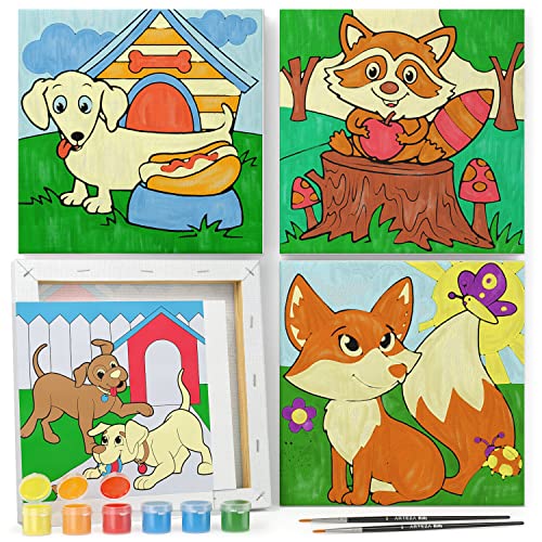 Arteza Kids Animals Painting Kit, 4 Canvases, 8 x 8 in, 24 Acrylic