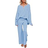 Viottiset Women's 2 Piece Outfits Sweatsuit Knit Long Sleeve Sweater Wide Leg Pants Loungewear