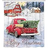 Bonsai Tree Christmas Shower Curtains, Vintage Red Truck Cloth Shower Curtains in Bath, Snowflake Holiday Bathroom Shower Curtains Rings Winter Home Decorations 72x72 Inches