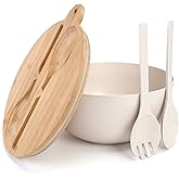 ShineMe Large Salad Bowl with Lid, 9.8inches White Salad Serving Bowl Set with Utensils, Bamboo Wooden Salad Bowl with Multifunctional Lid with Handle and Silicone Seal Ring